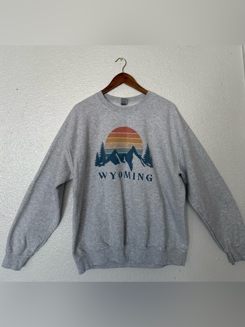 Gildan Gray women’s Wyoming Sunset Mountain Crewneck size L